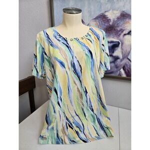 Alfred Dunner Women's Multicolor‎ Paintbrush Watercolor Rhinestone Short Sleeve